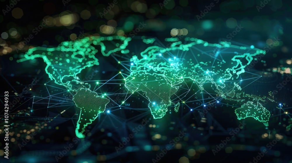 Poster digital world map with glowing connections, representing global networking and data flow.