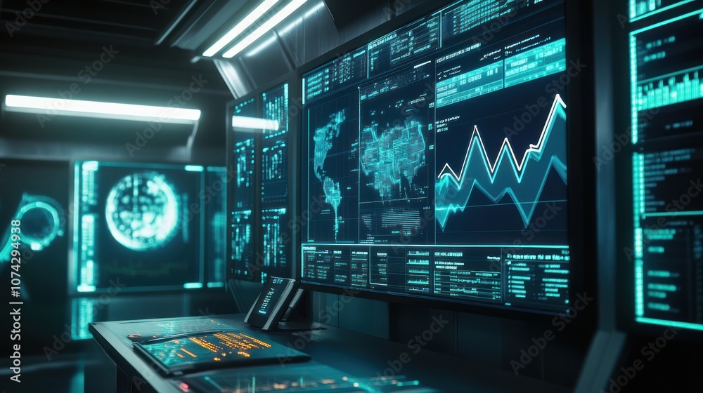 Poster a high-tech control room displaying data analytics and global information systems.