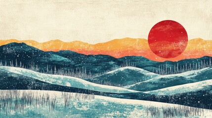 Retro illustration of hilly terrain with heathland on a cold morning featuring hoarfrost Landscape scene in nature