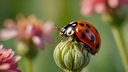 Fototapeta premium beautiful lady bug on blooming flower close up photo