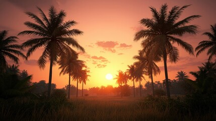 Golden Sunset Over Palm Trees on Tropical Island