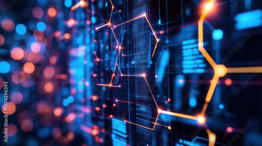Poster abstract digital network design with glowing lines and nodes representing data flow.