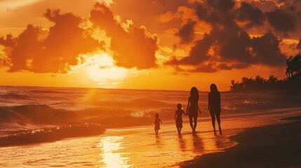 Family Silhouettes at Sunset on a Beach