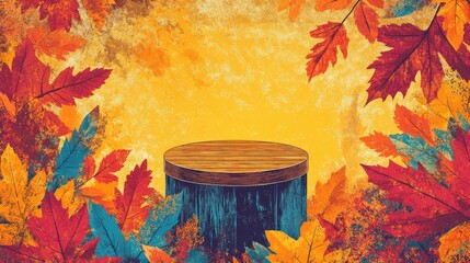 Retro illustration of a wooden podium surrounded by autumn leaves on a contrasting background Ideal for design cosmetic and product presentation in a seasonal theme