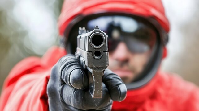 Close Up of Man in Red Suit Holding Gun    Weapon   Security   Safety   Protection   Polic