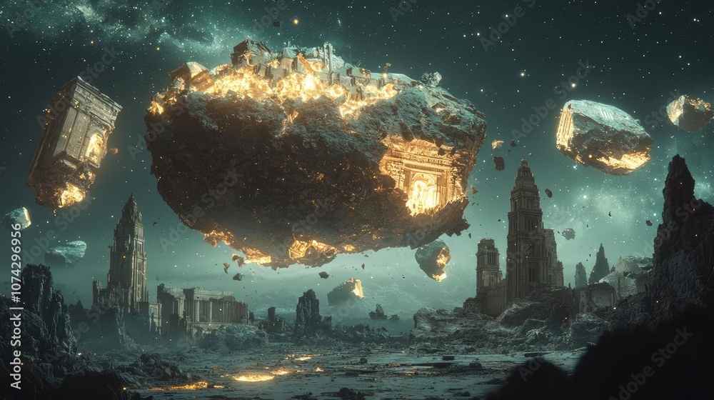 Poster surreal landscape with floating islands and ancient ruins against a starry sky.