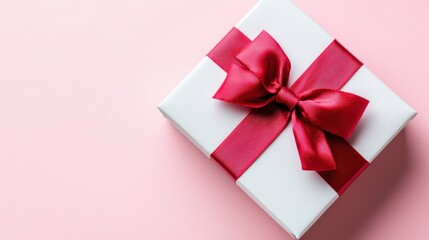 Fototapeta premium White Gift Box With Red Ribbon Bow on Pink Background