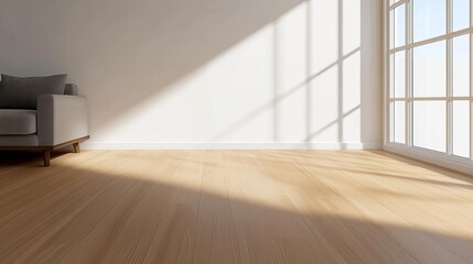 Fototapeta premium Minimalist Scandinavian loft with open layout, bright interiors, light wood flooring, cozy sofa, large windows, soft sunlight, clean and expansive ambiance