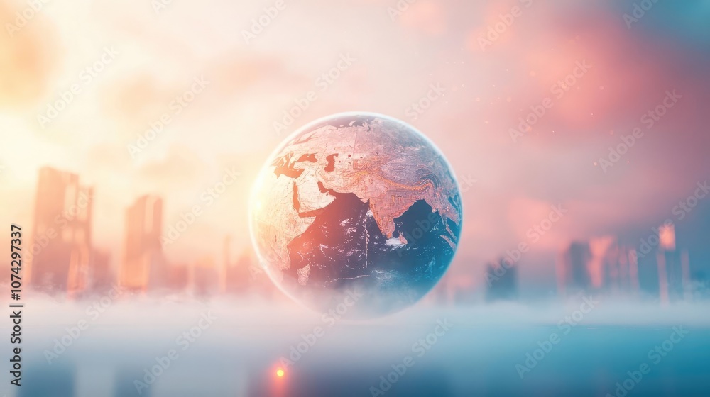 Poster globe floating above a futuristic city, soft colors and mist create a dreamy atmosphere.