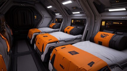 Fototapeta premium Futuristic Spaceship Cabin Interior Design with Beds and Orange Pillows