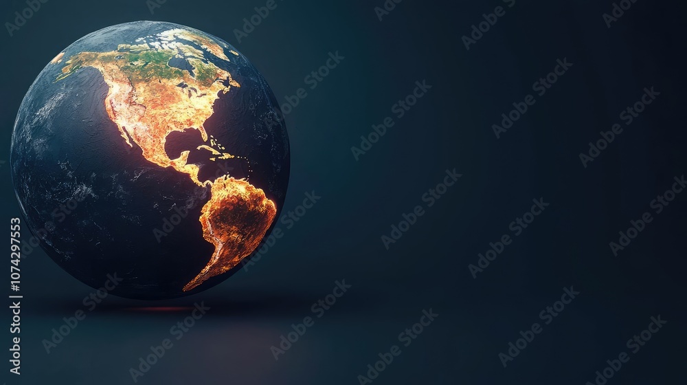 Poster globe with illuminated continents against a dark backdrop