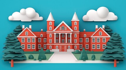 Fototapeta premium 3D Paper Style Red Castle Illustration Classic Architecture with Trees and Clouds