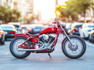 Vibrant red motorcycle parked amidst busy urban traffic.
