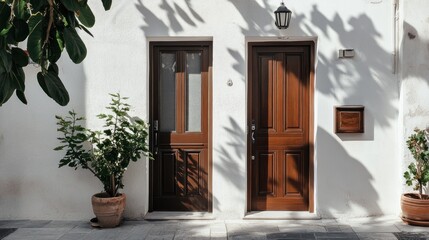 Two Wooden Doors on a White Wall
