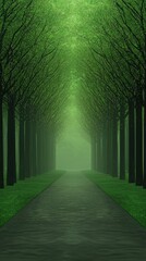 Obraz premium Mystical Forest Path Green Trees Foggy Landscape Nature Background