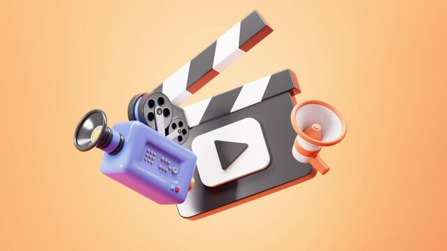 Cartoon film camera , clapper board and trumpet on yellow background, 3d rendering.