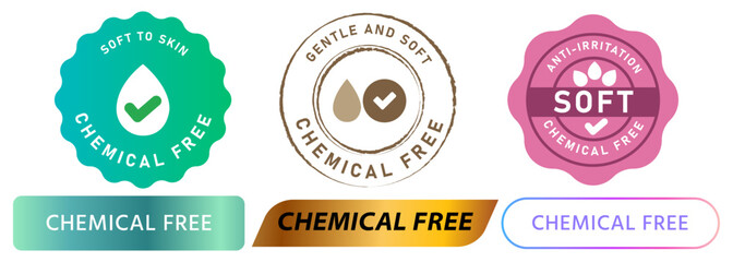 Free chemical stamp colorful badge textured non-toxic safe product ingredient material guarantee sign emblem sticker label seal design icon set collection