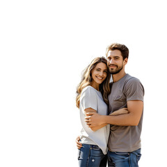 Fototapeta premium Smiling couple embracing in front of a modern house with a transparent background.