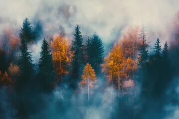 Foggy forest with tree group