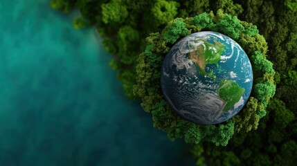 Fototapeta premium A lush, green planet is encircled by vibrant foliage, showcasing a harmonious blend of Earth and nature against a serene aquatic backdrop.