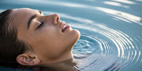 Naklejka premium Deep Breathing A closeup of a persons face eyes closed and expression serene as they take a deep breath in. The air is visually represented as gentle ripples surrounding their