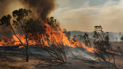 Fototapeta premium A wildfire burning through a forested area with trees and dry grass engulfed in flames, creating a smoky and intense atmosphere.