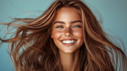 Fototapeta premium A cheerful young woman with flowing hair smiles brightly against a blue background, radiating joy and confidence.