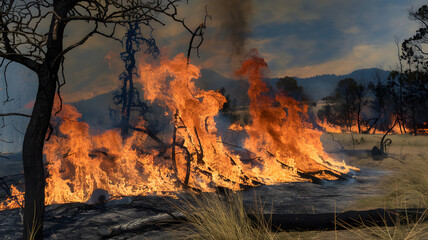 Fototapeta premium A wildfire burning through a forested area with trees and dry grass engulfed in flames, creating a smoky and intense atmosphere.