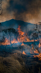Obraz premium A wildfire burning through a forested area with trees and dry grass engulfed in flames, creating a smoky and intense atmosphere.