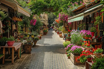 Fototapeta premium A cobblestone street lined with flowers and shops.