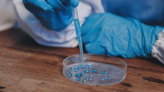 Group of dedicated scientist conduct chemical experiment in medical laboratory, carefully drop precise amount of liquid from pipette into test tube for vaccine drug or antibiotic development. Neoteric