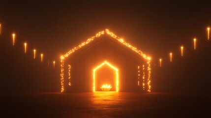 A Glowing House Structure Formed by String Lights in a Smoky, Dark Setting