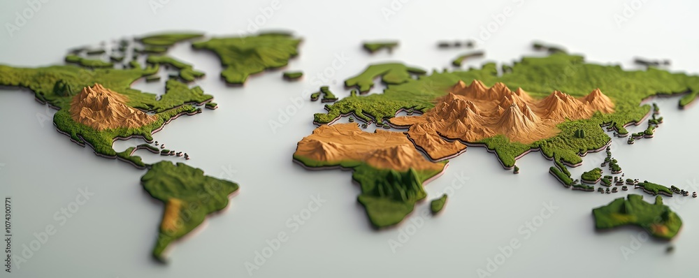 Poster detailed 3d world map showcasing landforms and elevations.