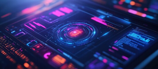 Obraz premium Futuristic digital interface with glowing blue and pink lines, buttons, and a central circle with a red square.
