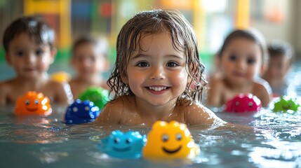Fototapeta premium Children playing in a pool with colorful floating toys.