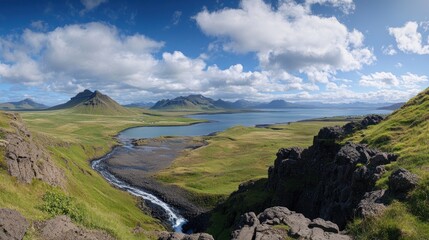 Icelandic Landscape with Mountains and Waterfalls