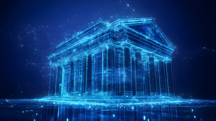 Obraz premium glowing bank building with digital data streams representing fintech