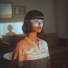 Woman with ocean projected onto her face