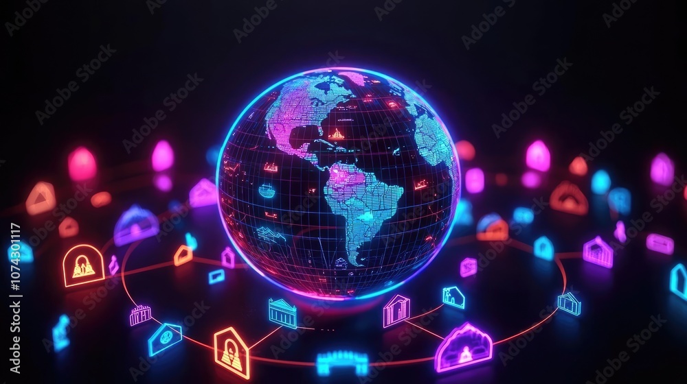 Poster illuminated globe surrounded by digital icons on a dark background.