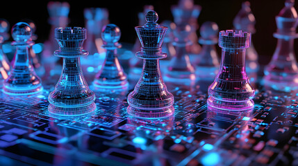 Glowing chess pieces on circuit board create strategic atmosphere