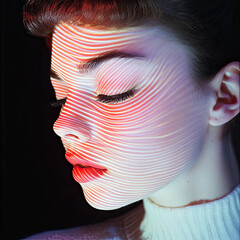 Woman with projection of stripes on her face