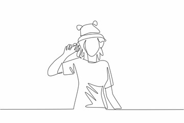 Continuous single line drawing of young beauty and energetic woman wearing funny cute frog animal character hat. Vector graphic illustration. National Hat Day