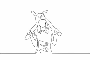 One single line drawing of young cute beauty girl wearing funny adorable rabbit animal character hat. Cap from quality fluffy fabric material. National Hat Day