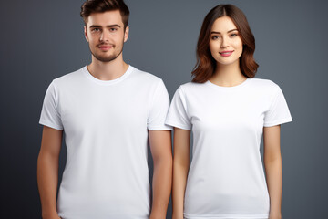 T-shirt design, people concept - closeup of young woman and man in blank white shirt, front isolated. Mock up template for design print 