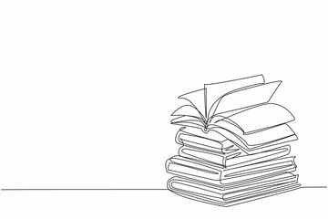 National Thesaurus Day. One single line stack of books with open page book above it. High educational concept. Continuous line draw vector graphic illustration artwork