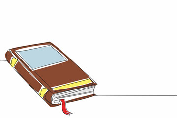 National Thesaurus Day. Single continuous line drawing of thick fairytale story book with a ribbon bookmark. Legendary folklore story concept. One line draw graphic design art vector illustration