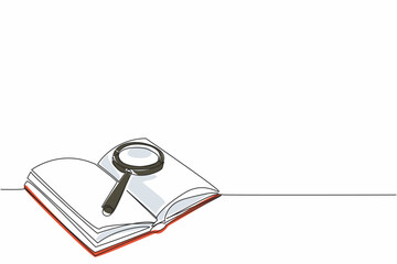 Happy National Thesaurus Day. One continuous line drawing of opened book full of important information with magnifying glass laying above it. College lesson textbook concept. Single line draw design