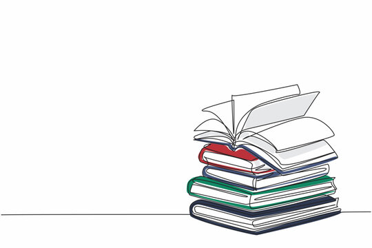 National Thesaurus Day. One single line stack of books with open page book above it. High educational concept. Continuous line draw vector graphic illustration artwork
