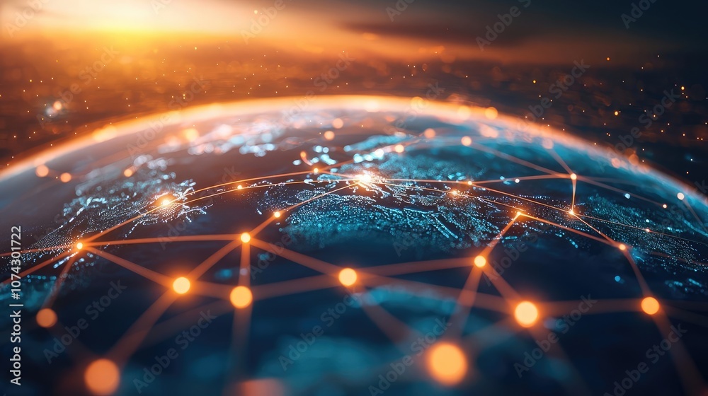 Poster Close-up view of a digital globe with network connections and glowing elements.