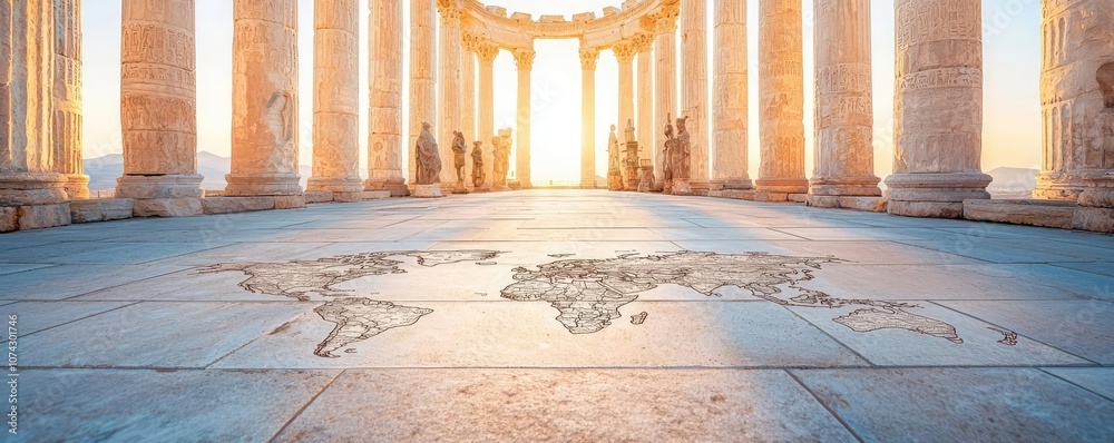 Poster historical monument with ancient columns and world map on the floor, sunset view.